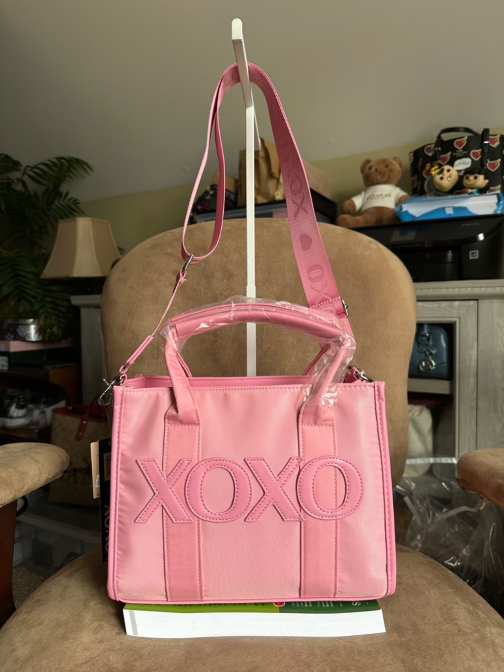 XOXO Pink Tote Bag with Adjustable Logo Strap Nylon Vegan Leather New with Tag